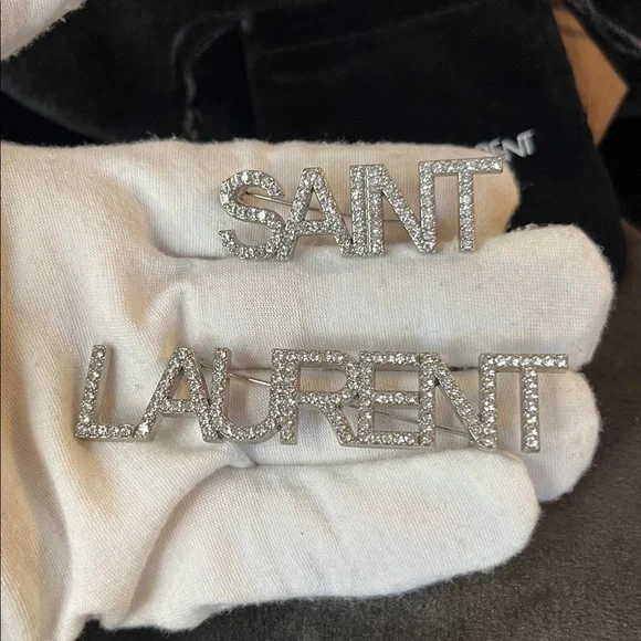 Crystal Silver Tone Saint Laurent Logo Two Piece Brooch Set - Picture 7 of 7